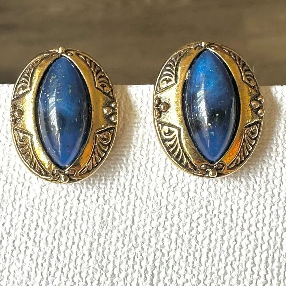 Gold tone and blue clip on earrings